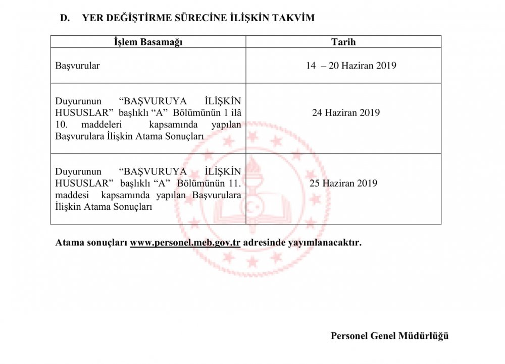 Öğretmenlerin 2019 Yılı İl Dışı Yer Değiştirme Takvimi