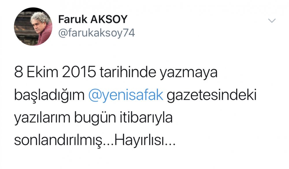 Yenişafak: Alpaslan Durmuş’u Aradım  yazısını yazan Yazarı Faruk Aksoy’un Yazılarına Son Verdi.