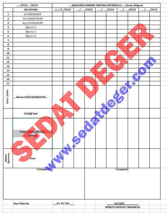 Taşımalı Öğrencilerin Örnek Servis Yoklama Listesi ve Öğretmen İmza Listesi
