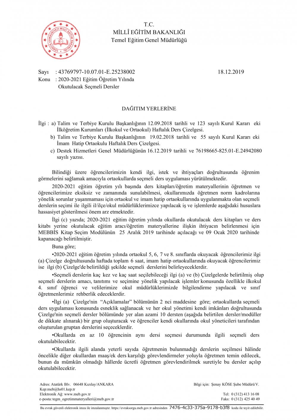 MEB'DEN ''2020-2021 EĞİTİM ÖĞRETİM YILINDA OKUTULACAK SEÇMELİ DERSLER'' YAZISI