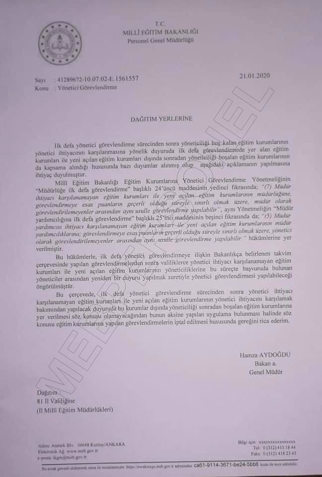 MEB'den Boş Kalan Kadrolara Ek Yönetici Ataması Yazısı