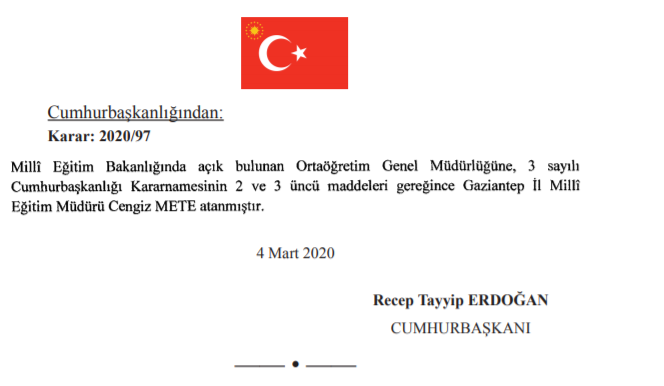 MEB'de Genel Müdür Ataması Resmi Gazetede Yayınlandı.