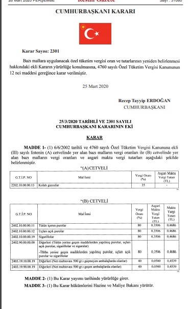 Bazı ürünlerin &#39;ÖTV&#39; oranına zam yapıldı
