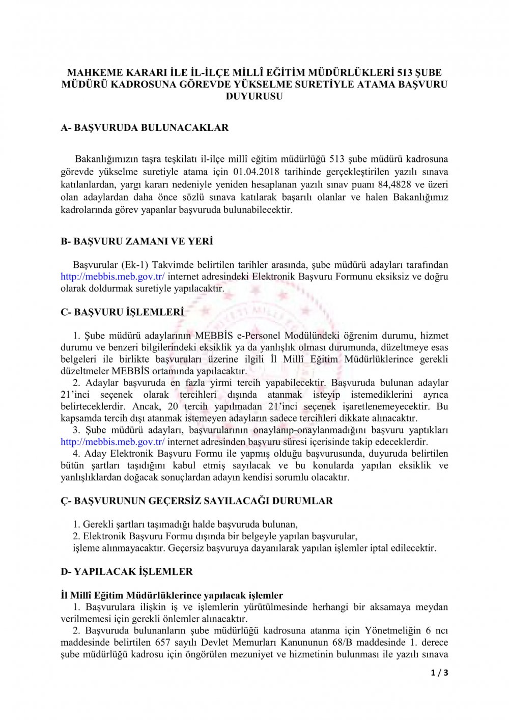 MEB&#39;den 513 Şube Müdürü Kadrosuna Atama Duyurusu