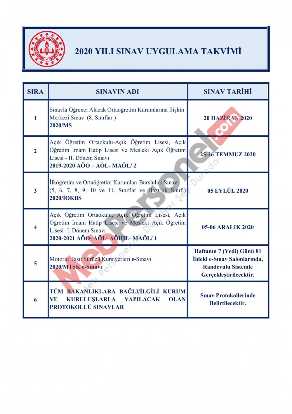 MEB, 2020 Yılı Güncel Sınav Takvimini Açıkladı