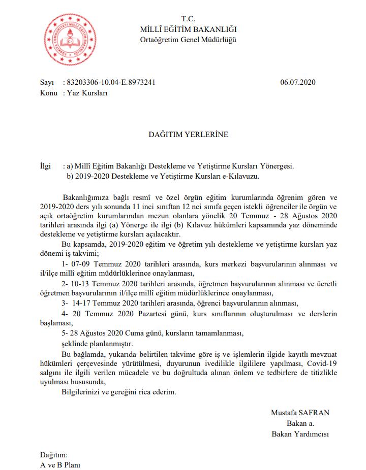 DYK Kurs Takvimi  Resmi Yazısı