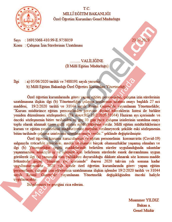MEB'den, Çalışma İzin Sürelerinin Uzatılması İle İlgili Resmi Yazı