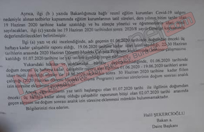 MEB'den Doğum İzni İçin Görüş Yazısı