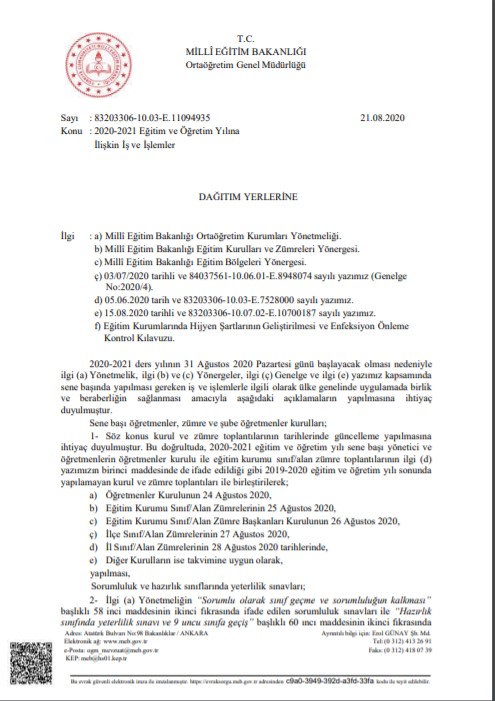 MEB'den ''2020-2021 Eğitim ve Öğretim Yılına İlişkin İş ve İşlemler'' Yazısı