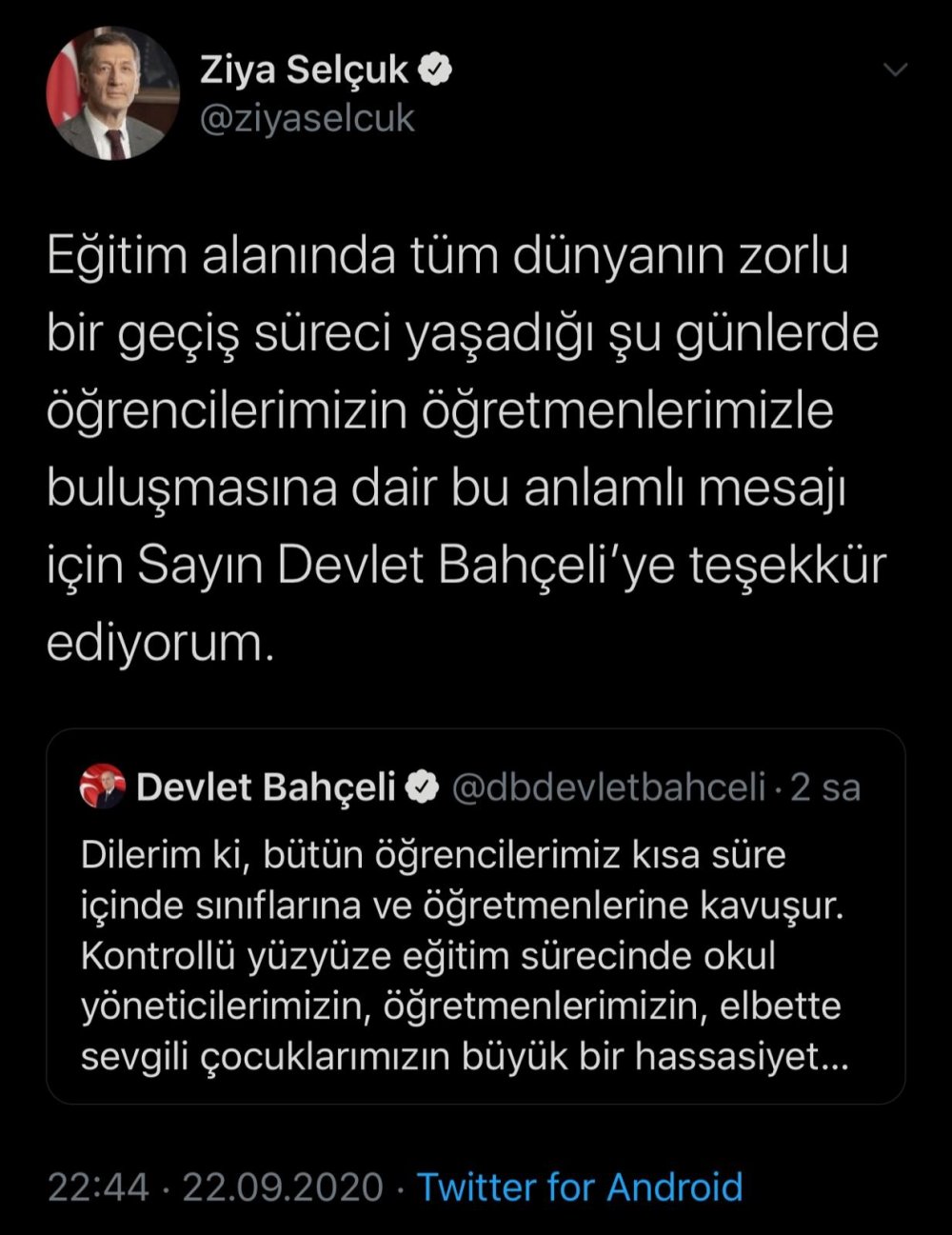 Bakan Ziya Selçuk&#39;tan MHP Lideri Bahçeli&#39;ye Teşekkür Mesajı