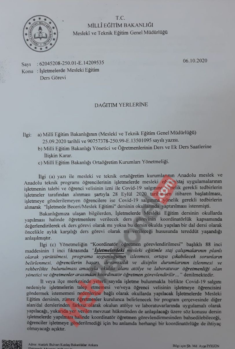 MEB'den ek ders yazısı