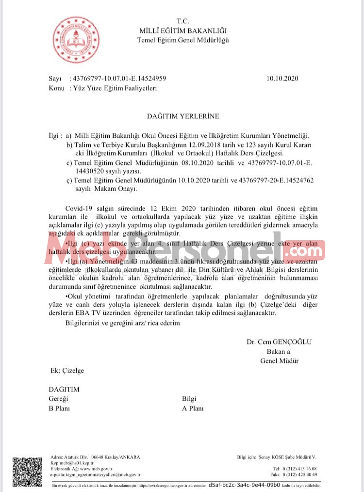 MEB'den Yüz Yüze Eğitime İlişkin Ek Açıklama