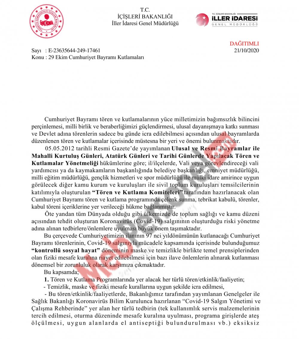 Bakanlık'tan 29 Ekim Cumhuriyet Bayramı Kutlamaları resmi yazısı