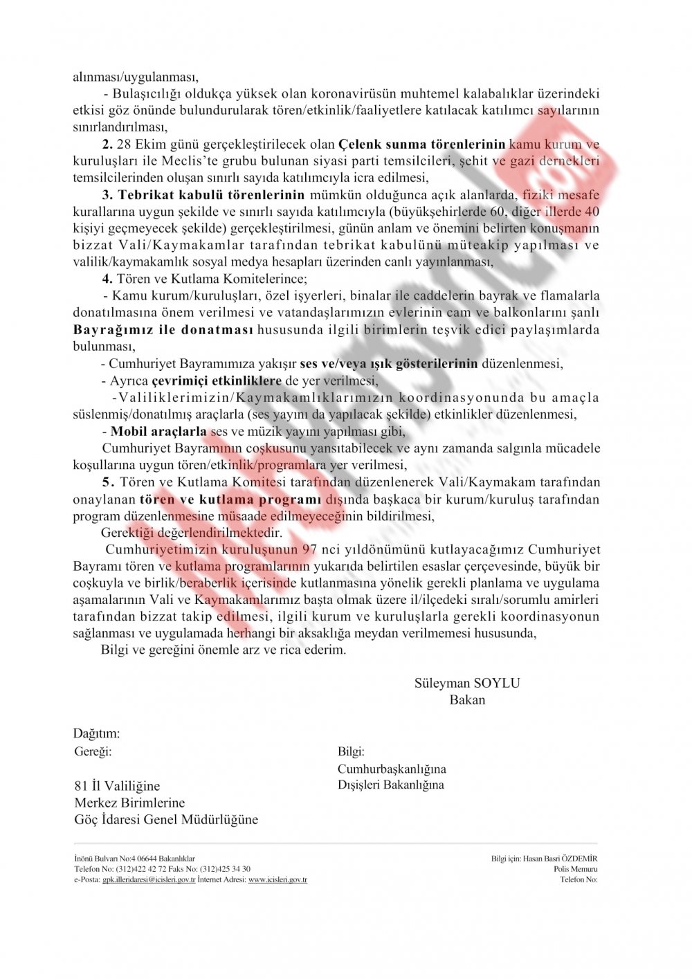 Bakanlık'tan 29 Ekim Cumhuriyet Bayramı Kutlamaları resmi yazısı