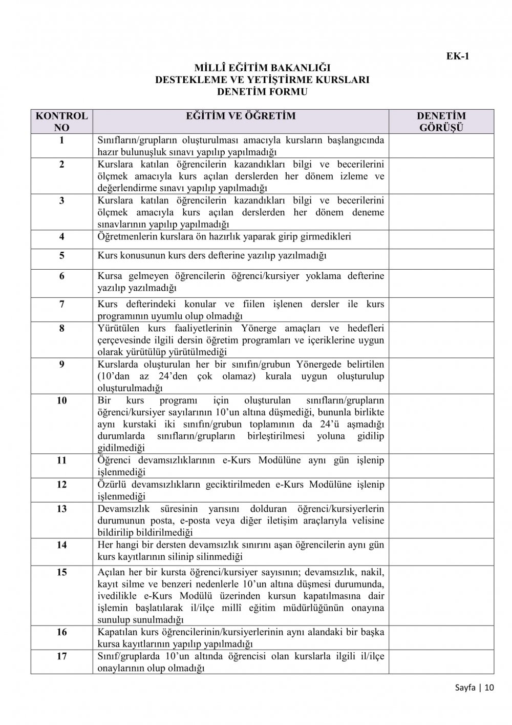 MEB'den Destekleme ve Yetiştirme Kursları yazısı