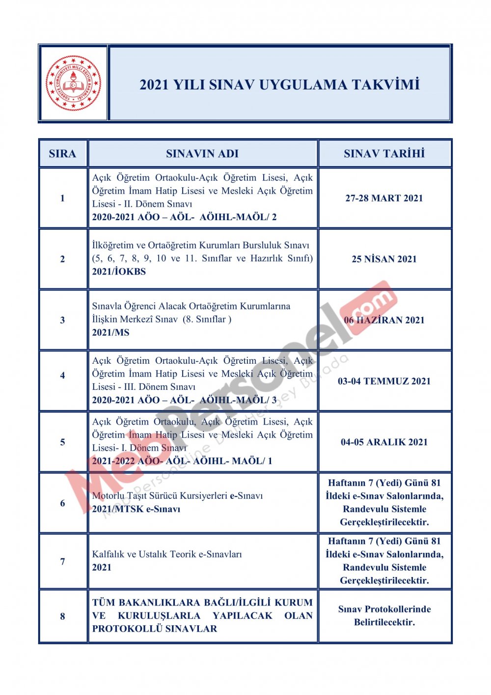 MEB 2021 YILI SINAV UYGULAMA TAKVİMİ  AÇIKLANDI