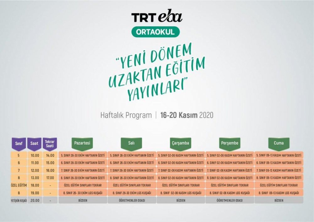 Eba Tv 16-20 Kasım İlkokul Ortaokul ve Lise Ders Tekrar Saatleri ve Yayın akışı