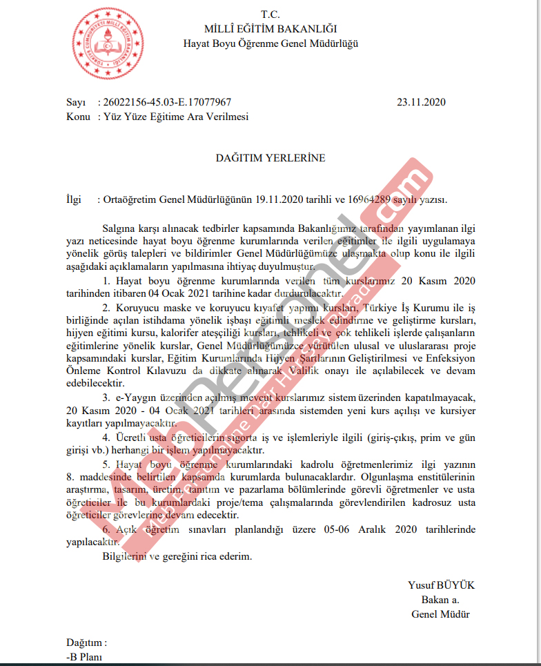 MEB'den &quot;Yüz Yüze Eğitime Ara Verilmesi&quot; İle İlgili Resmi Yazı