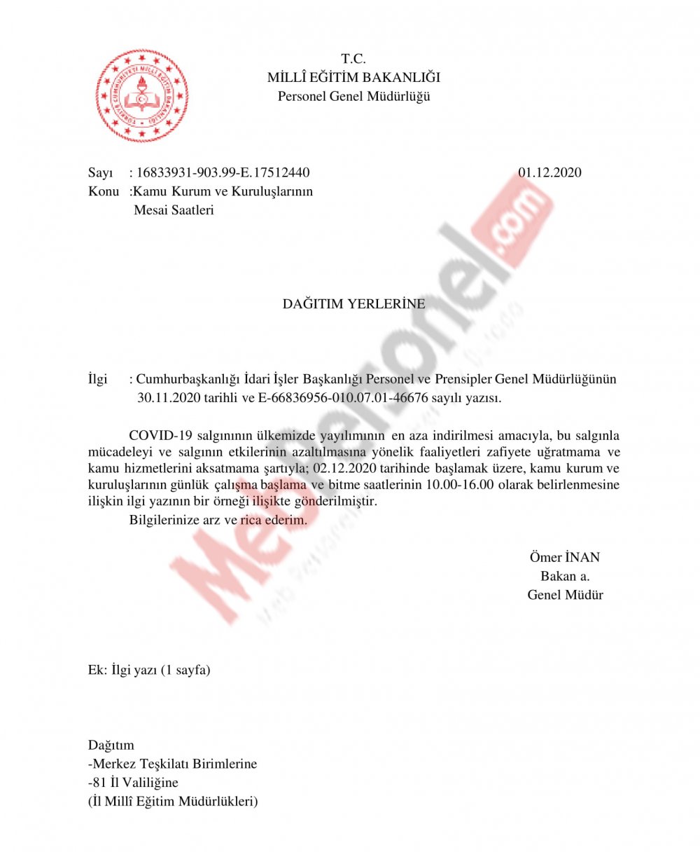 MEB'den mesai saatleri ile ilgili resmi yazı