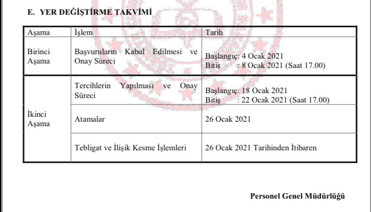 2021 Özür Grubu Atamaları Yer Değiştirme Takvimi