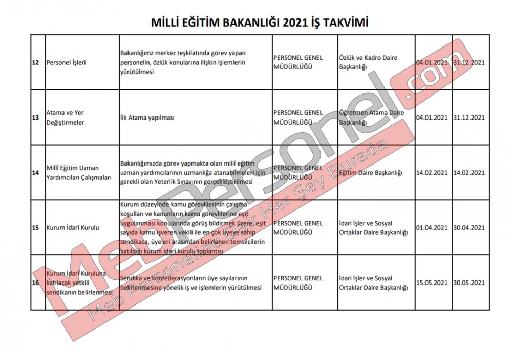 MİLLİ EĞİTİM BAKANLIĞI-MEB 2021 İŞ TAKVİMİ