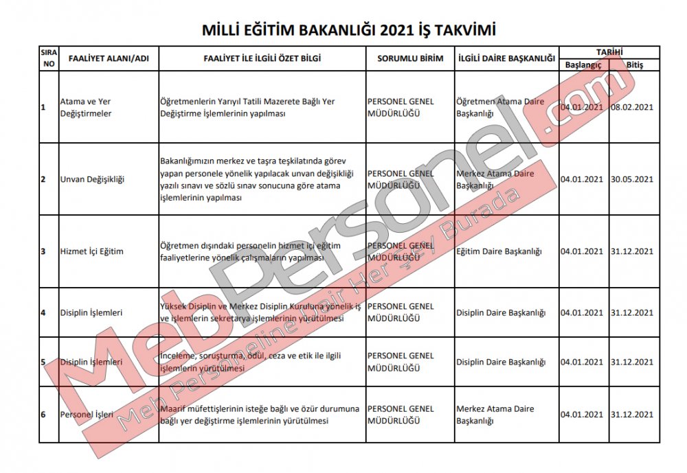 MİLLİ EĞİTİM BAKANLIĞI-MEB 2021 İŞ TAKVİMİ