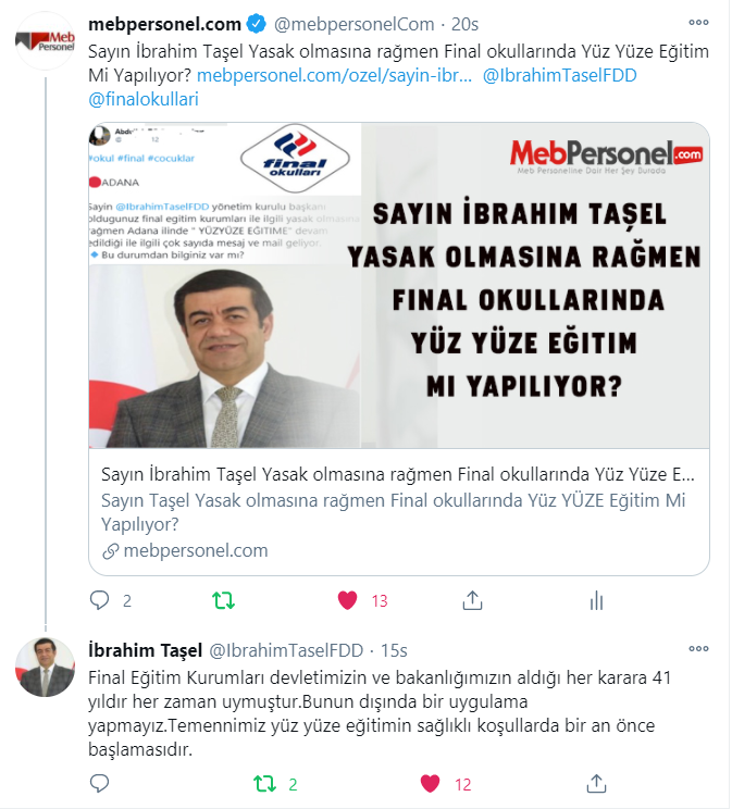 Final Okulları İbrahim TAŞEL'den Yüz Yüze Eğitim İddiaları Haberimize cevap geldi